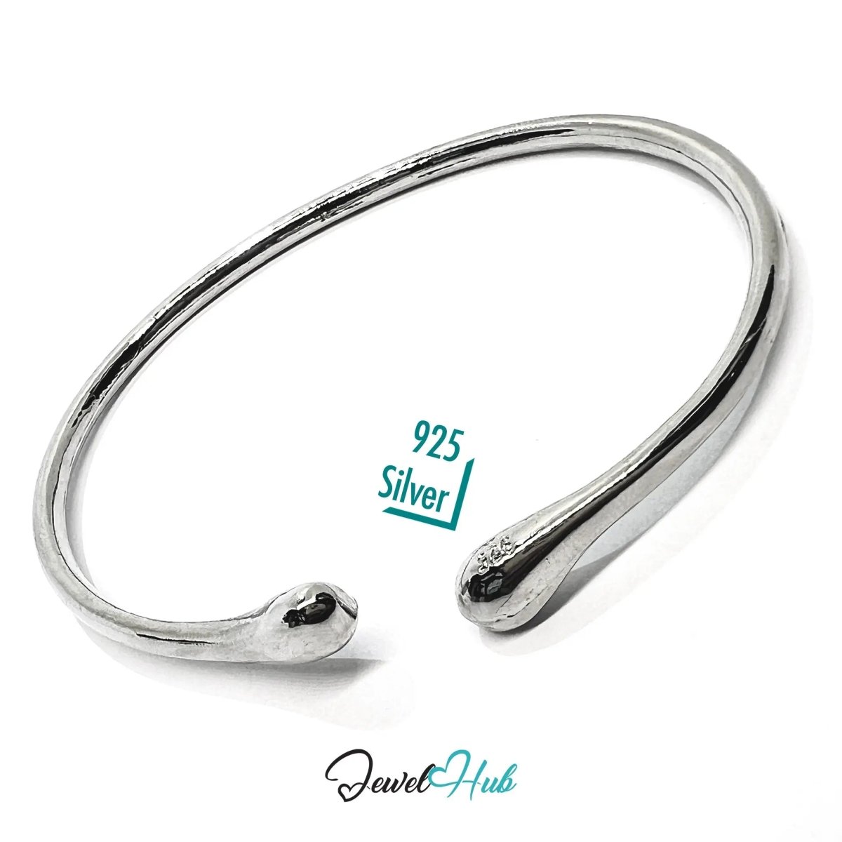 925 Sterling Silver Teardrop Cuff – Polished Minimalist Bracelet with Sculptural Ends - JewelHub.co.uk