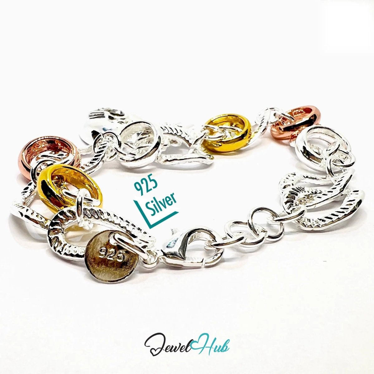 925 Sterling Silver Tri - Color Charm Bracelet | Heart Lock, Key & Sculptural Links - JewelHub.co.uk