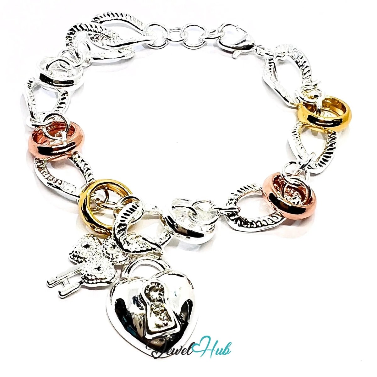 925 Sterling Silver Tri - Color Charm Bracelet | Heart Lock, Key & Sculptural Links - JewelHub.co.uk