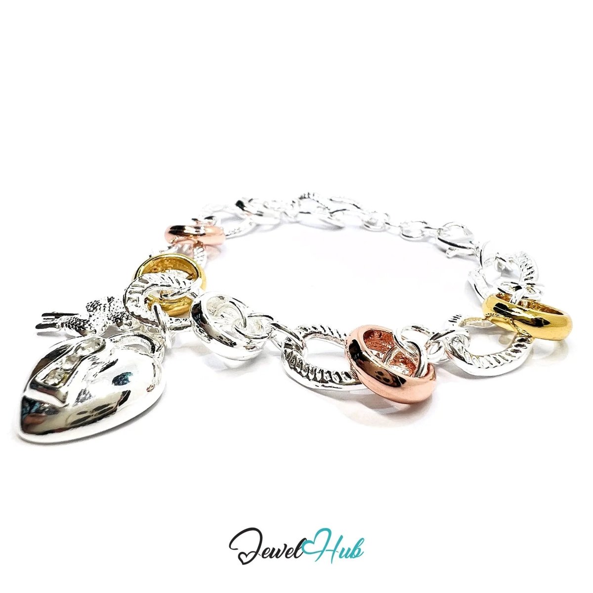 925 Sterling Silver Tri - Color Charm Bracelet | Heart Lock, Key & Sculptural Links - JewelHub.co.uk