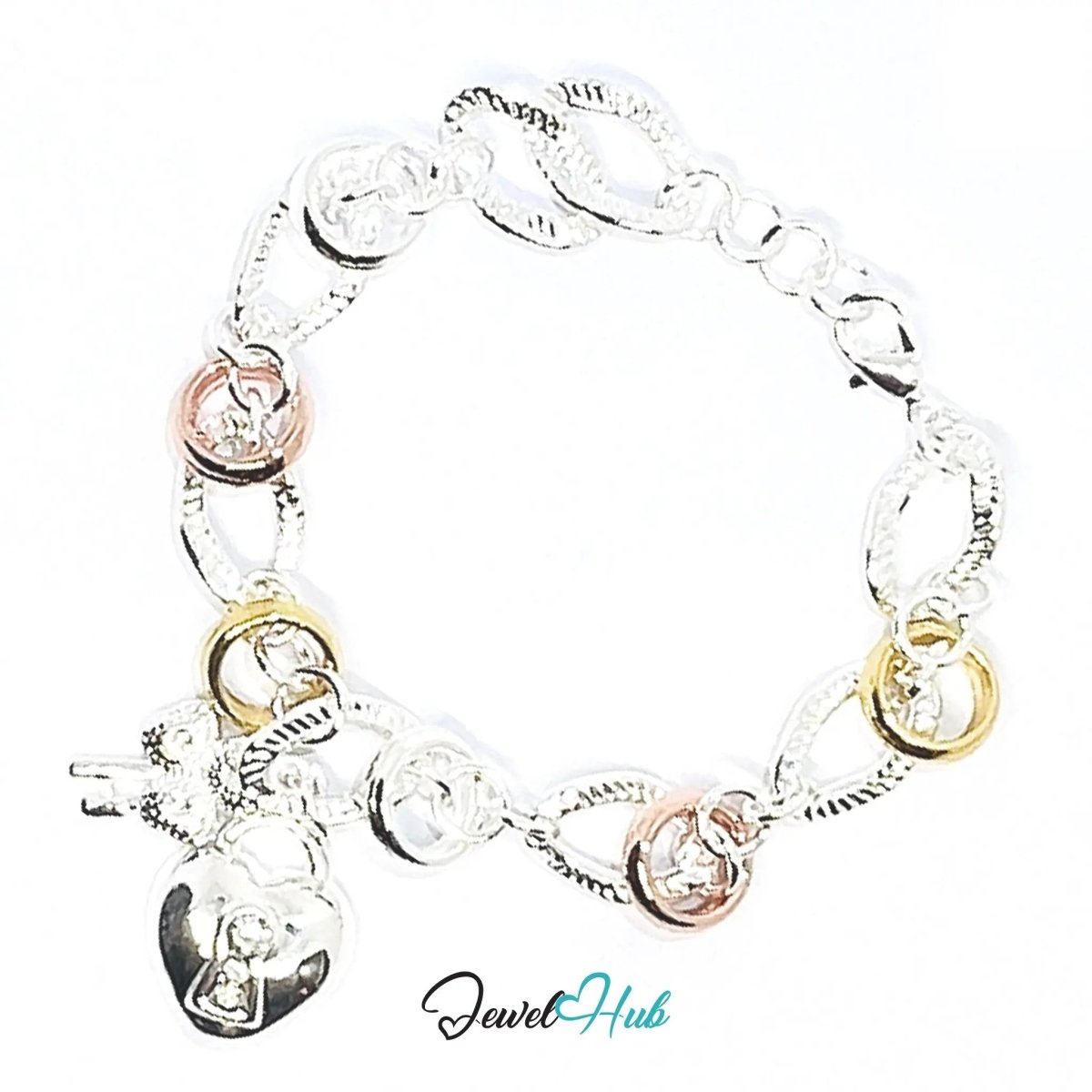 925 Sterling Silver Tri - Color Charm Bracelet | Heart Lock, Key & Sculptural Links - JewelHub.co.uk