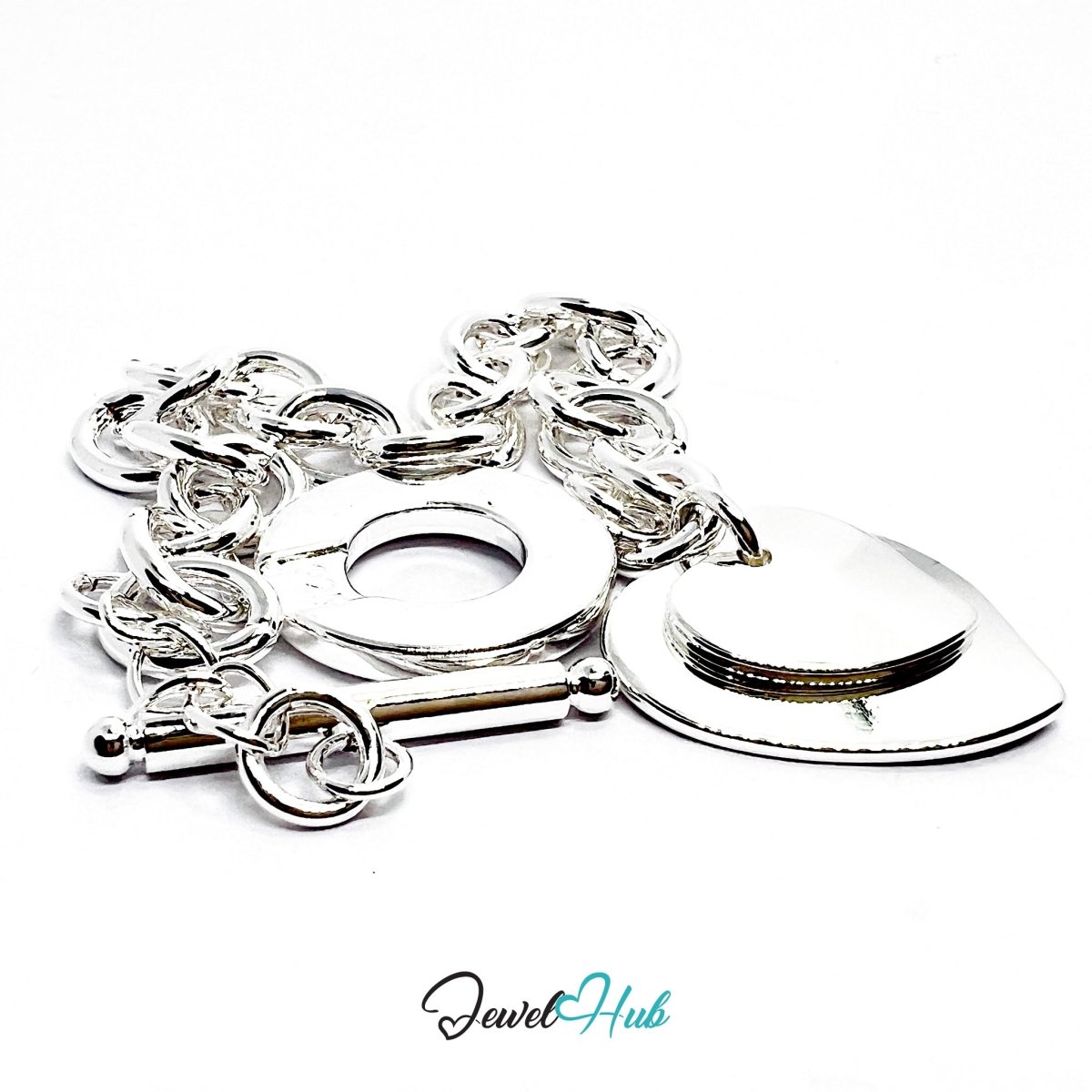 925 Sterling Silver TrioCharm Bracelet – Sculptural Chain with Heart & Circle Charms - JewelHub.co.uk