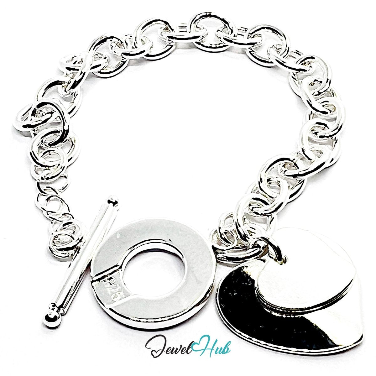 925 Sterling Silver TrioCharm Bracelet – Sculptural Chain with Heart & Circle Charms - JewelHub.co.uk