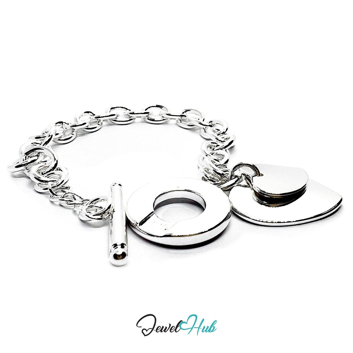 925 Sterling Silver TrioCharm Bracelet – Sculptural Chain with Heart & Circle Charms - JewelHub.co.uk