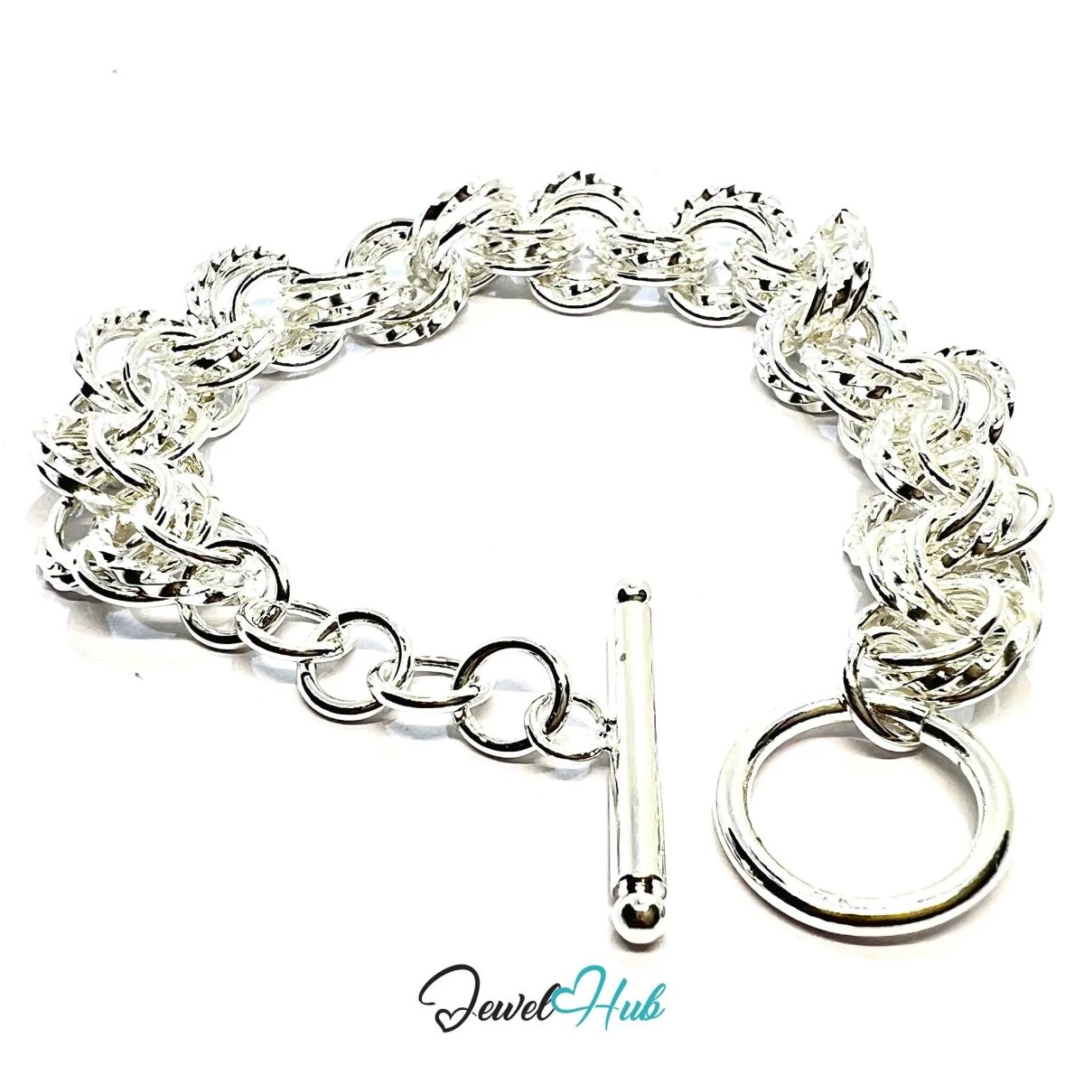 925 Sterling Silver Woven Link Bracelet – Textured Toggle Chain