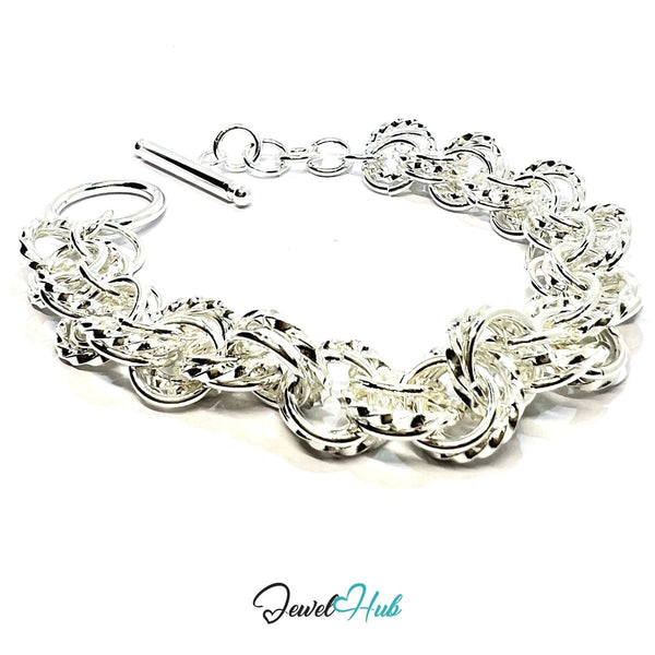925 Sterling Silver Woven Link Bracelet – Textured Toggle Chain for Everyday Elegance - JewelHub.co.uk