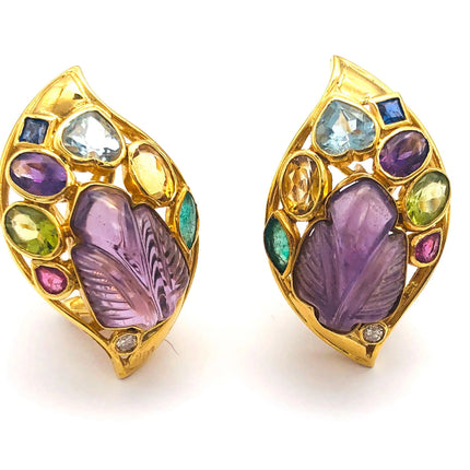 18k (750) Yellow Solid Gold Multi-Colour Gemstones Crafted Amethyst Leaf Shape Earrings JH