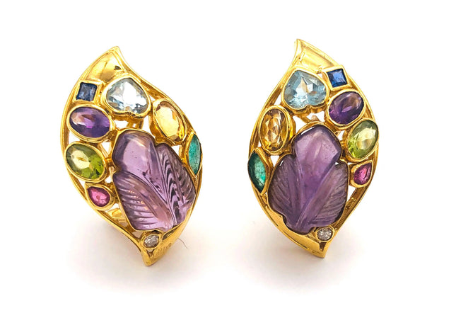 18k (750) Yellow Solid Gold Multi-Colour Gemstones Crafted Amethyst Leaf Shape Earrings JH