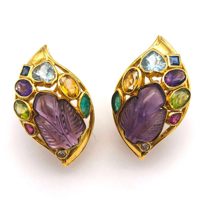 18k (750) Yellow Solid Gold Multi-Colour Gemstones Crafted Amethyst Leaf Shape Earrings JH