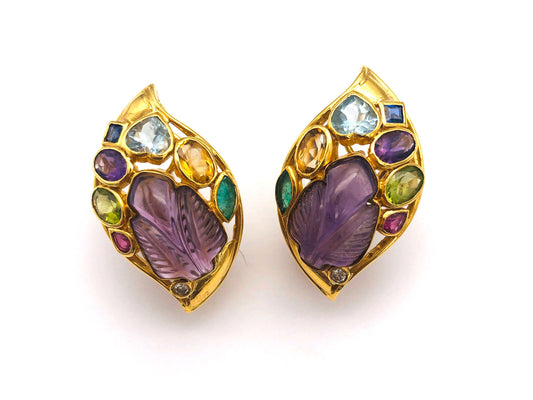18k (750) Yellow Solid Gold Colorful Gemstones Crafted Amethyst Leaf Shape Earrings