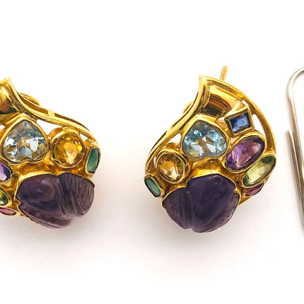 18k (750) Yellow Solid Gold Multi-Colour Gemstones Crafted Amethyst Leaf Shape Earrings JH