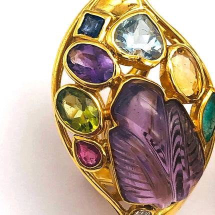 18k (750) Yellow Solid Gold Multi-Colour Gemstones Crafted Amethyst Leaf Shape Earrings JH