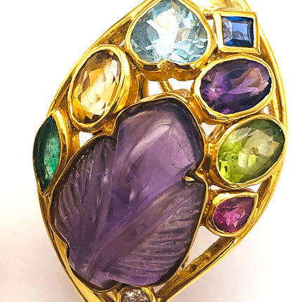 18k (750) Yellow Solid Gold Multi-Colour Gemstones Crafted Amethyst Leaf Shape Earrings JH