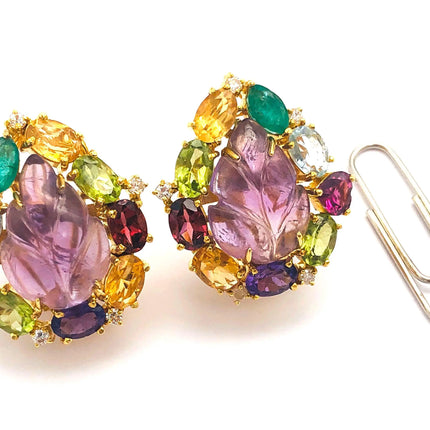 18k (750) Yellow Solid Gold Multi-Colour Gemstones Crafted Amethyst Leaf Shape Earrings JH