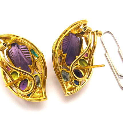 18k (750) Yellow Solid Gold Multi-Colour Gemstones Crafted Amethyst Leaf Shape Earrings JH