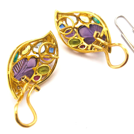 18k (750) Yellow Solid Gold Multi-Colour Gemstones Crafted Amethyst Leaf Shape Earrings JH