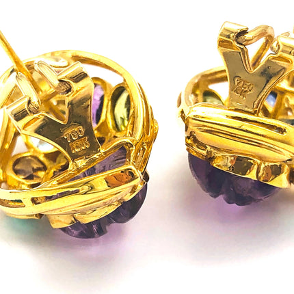 18k (750) Yellow Solid Gold Multi-Colour Gemstones Crafted Amethyst Leaf Shape Earrings JH