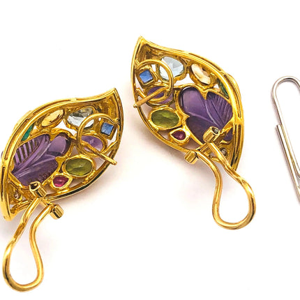 18k (750) Yellow Solid Gold Multi-Colour Gemstones Crafted Amethyst Leaf Shape Earrings JH