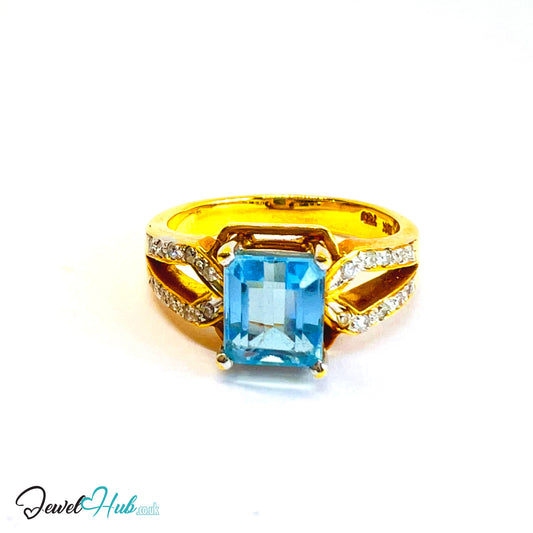 18K Gold Ring · Aquamarine Glow · Oceanlight Aurora · UK O · US 7.5 · Crisscross Diamond Band