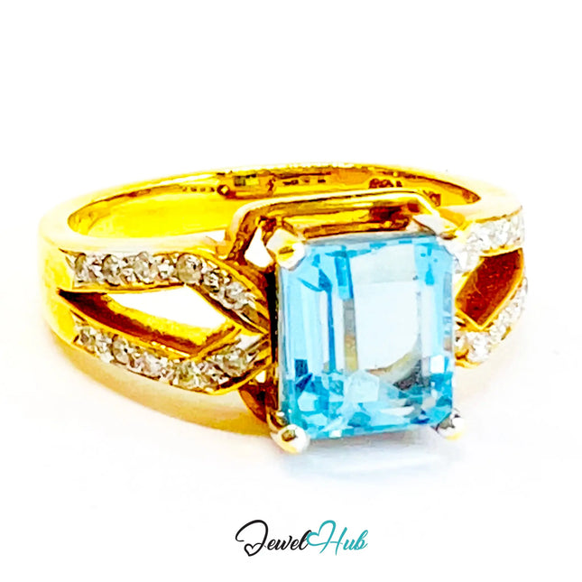18K Gold Ring · Aquamarine Glow · Oceanlight Aurora · UK O · US 7.5 · Crisscross Diamond Band JH