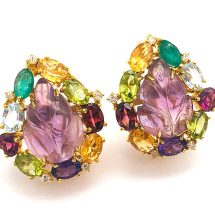18k (750) Solid Gold Leaf Shape Amethyst multi-color Gemstones (15 pcs) Elegant Earrings JH