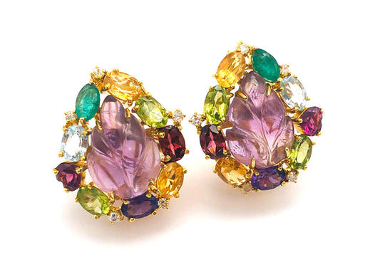 18k (750) Yellow Solid Gold Amethyst Leaf Shape with 9 other Gemstones (15 pcs) Elegant Earrings