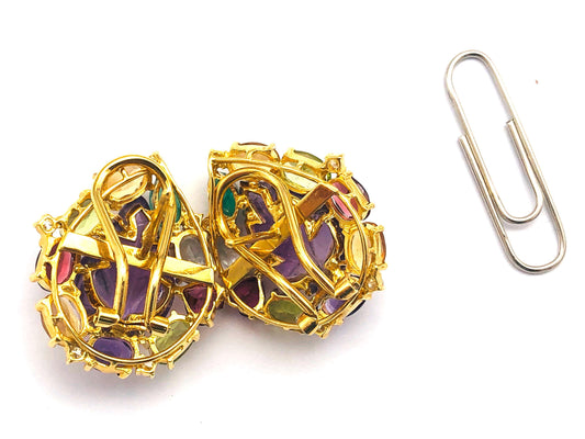 18k (750) Yellow Solid Gold Amethyst Leaf Shape with 9 other Gemstones (15 pcs) Elegant Earrings