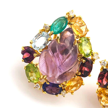 18k (750) Solid Gold Leaf Shape Amethyst multi-color Gemstones (15 pcs) Elegant Earrings JH