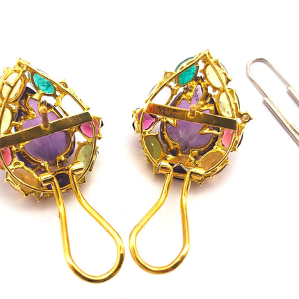 18k (750) Solid Gold Leaf Shape Amethyst multi-color Gemstones (15 pcs) Elegant Earrings JH