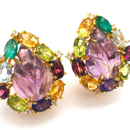 18k (750) Solid Gold Leaf Shape Amethyst multi-color Gemstones (15 pcs) Elegant Earrings JH