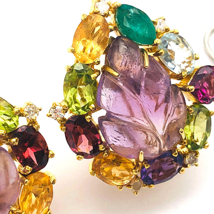 18k (750) Solid Gold Leaf Shape Amethyst multi-color Gemstones (15 pcs) Elegant Earrings JH