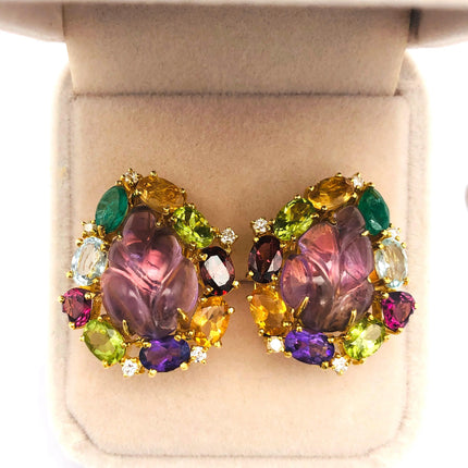 18k (750) Solid Gold Leaf Shape Amethyst multi-color Gemstones (15 pcs) Elegant Earrings JH