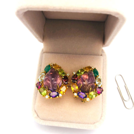 18k (750) Solid Gold Leaf Shape Amethyst multi-color Gemstones (15 pcs) Elegant Earrings JH