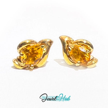 14k (585) Yellow Solid Gold Yellow Citrine GemStone Pear Shape Design Stud Earrings JH