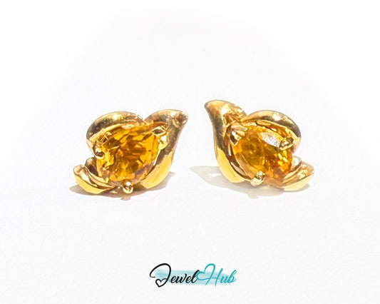 14k (585) Yellow Solid Gold Yellow Citrine GemStone Pear Shape Design Stud Earrings