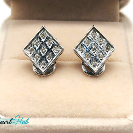 14k White Gold Diamond Checker-Style Clip Earrings – Luxury & Brilliance JH