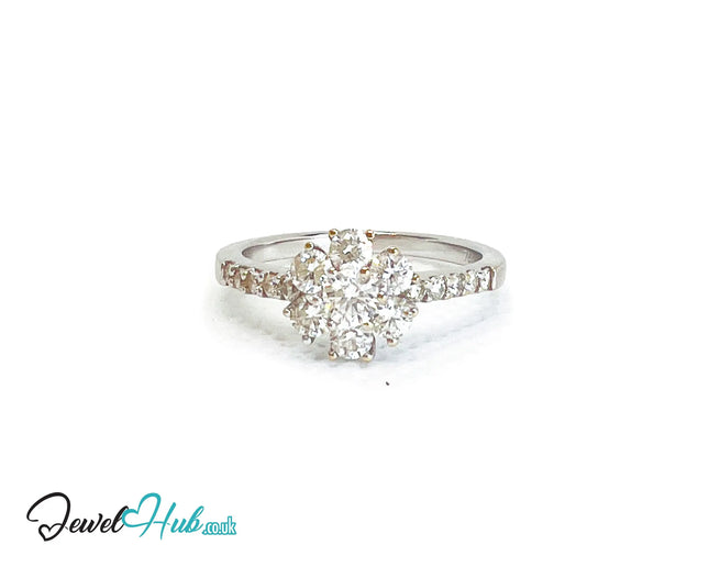 18k White Gold Diamond Ring – Hallmarked (750) | UK O US 7.5 | Floral Cluster Design JH