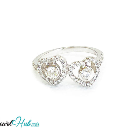 18k White Gold Diamond Ring – Hallmarked (750) | UK M US 6.5 | Double Heart Pavé Design JH