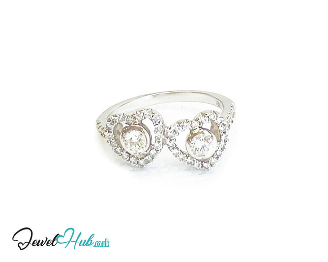 18k White Gold Diamond Ring – Hallmarked (750) | UK M US 6.5 | Double Heart Pavé Design JH