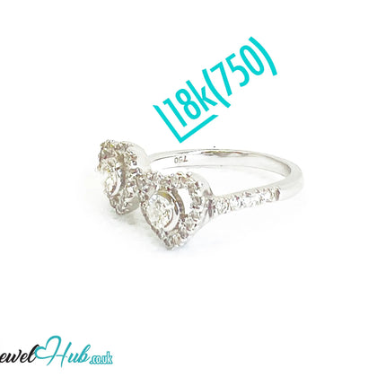 18k White Gold Diamond Ring – Hallmarked (750) | UK M US 6.5 | Double Heart Pavé Design JH