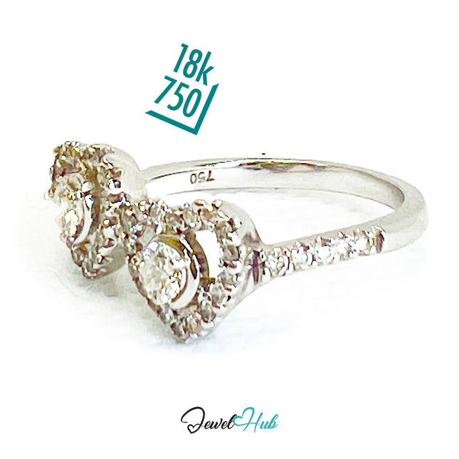 18k White Gold Diamond Ring – Hallmarked (750) | UK M US 6.5 | Double Heart Pavé Design JH