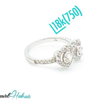 18k White Gold Diamond Ring – Hallmarked (750) | UK M US 6.5 | Double Heart Pavé Design JH