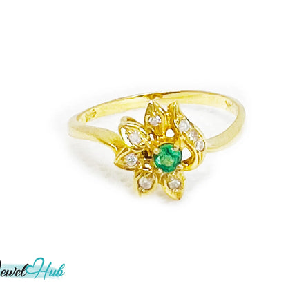14k Gold Emerald and Diamond Ring - Hallmarked (585) | UK P US 8 | Vintage 2000s Design Lightweight 1.84g JH