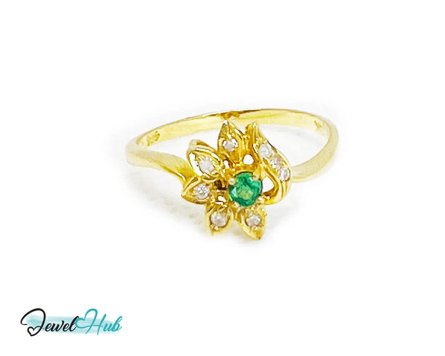 14k Gold Emerald and Diamond Ring - Hallmarked (585) | UK P US 8 | Vintage 2000s Design Lightweight 1.84g JH