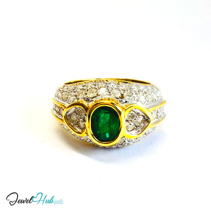 14K Gold Emerald & Diamond Ring · ~0.68ct Emerald · 0.96ct Pavé Diamonds · UK N · US 7 · Luxe Bezel Halo - JewelHub