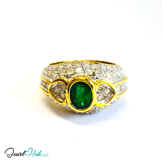 14K Gold Emerald & Diamond Ring · ~0.68ct Emerald · 0.96ct Pavé Diamonds · UK N · US 7 · Luxe Bezel Halo - JewelHub