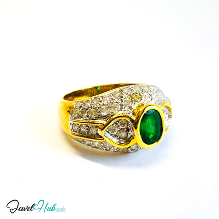 14K Gold Emerald & Diamond Ring · ~0.68ct Emerald · 0.96ct Pavé Diamonds · UK N · US 7 · Luxe Bezel Halo - JewelHub