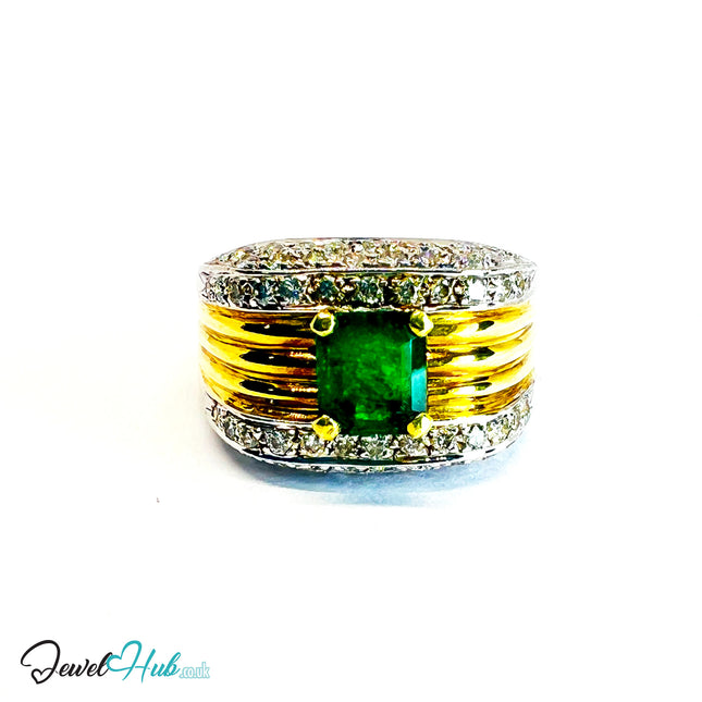 14K Gold Emerald & Diamond Ring · 1.01ct Emerald · UK N · US 7 · Textured Crest Band - JewelHub
