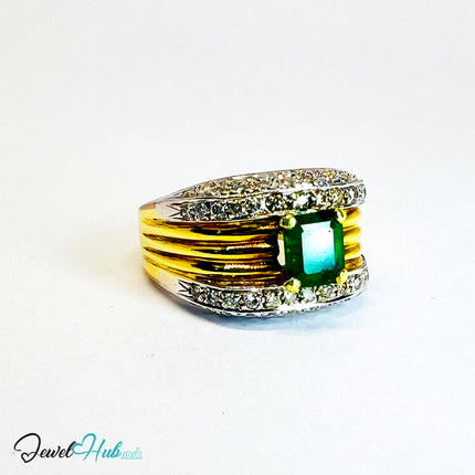 14K Gold Emerald & Diamond Ring · 1.01ct Emerald · UK N · US 7 · Textured Crest Band - JewelHub