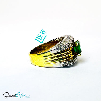 14K Gold Emerald & Diamond Ring · 1.01ct Emerald · UK N · US 7 · Textured Crest Band - JewelHub